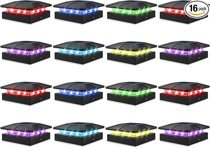 4x4 Solar Post Cap Lights RGB Color Changing, 16 Pack Outdoor LED Fence Light Solar Powered Waterproof, Wood/Vinyl Posts Top Lighting for Outside Deck Yard Garden Patio