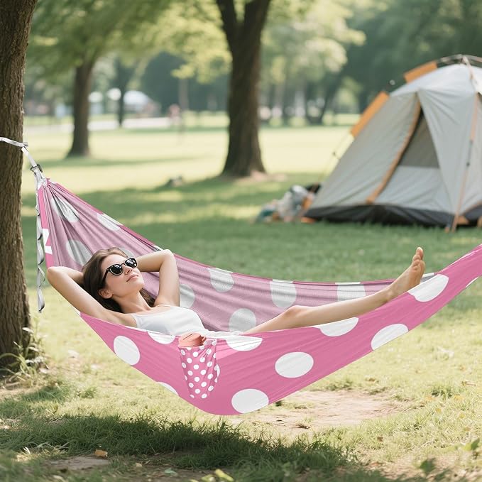 Pink Polka Dots Camping Hammock, Portable Lightweight Single Hammock with Tree Straps and Aluminum Carabiners, 114" x 54" Travel Hammock for Hiking Backpacking Beach