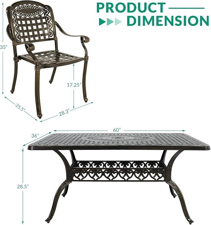 VIVIJASON 7-Piece Patio Furniture Dining Set, All-Weather Cast Aluminum Outdoor Conversation Set, Include 6 Chairs and a Rectangle Table with Umbrella Hole for Balcony Lawn Garden Backyard