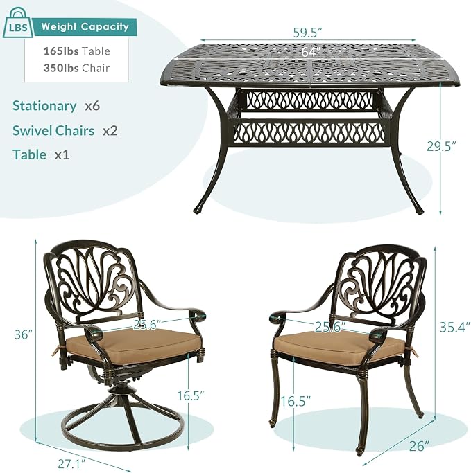 MEETWARM 9-Piece Outdoor Patio Dining Set for 8, All Weather Cast Aluminum Patio Funiture Table and Chairs Set- Large 64" Square Table and 2 Swivel Rocker Chairs, 6 Stationary, Umbrella Hole, Khaki
