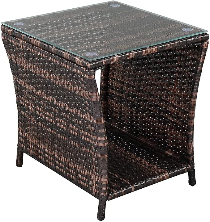 Outdoor Wicker Side Table with Tempered Glass, All-Weather Rattan Side Table with Storage Shelf, Wicker Patio Table for Outdoor Patio, Porch, Garden, Brown