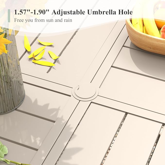 63" Outdoor Dining Table with Adjustable Umbrella Hole, Metal Slatted Round Patio Dining Table for Backyard Garden Deck, Sandshell