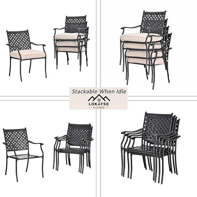 LOKATSE HOME 5-Piece Outdoor Patio Metal Dining Set with Iron Armrest Cushioned Chairs and Steel Round Table with Umbrella Hole, Beige