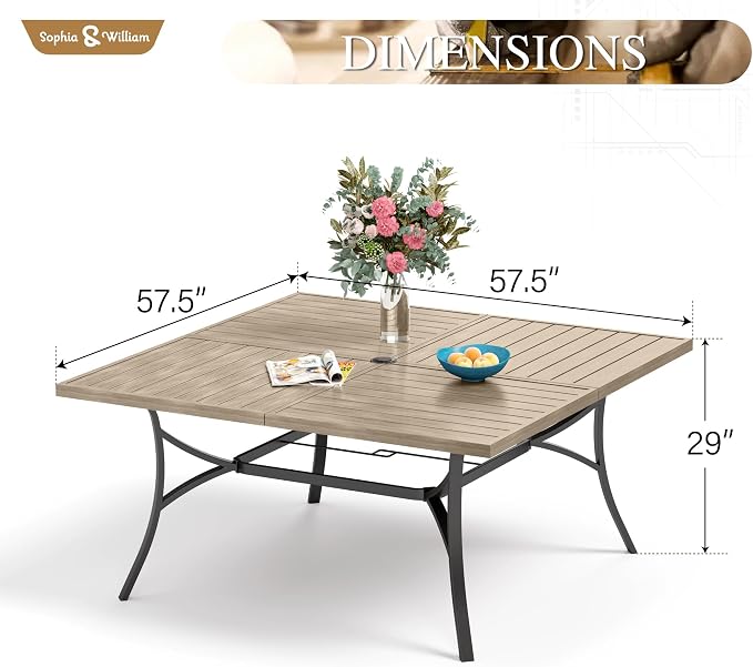 Sophia & William 9pc Square Patio Dining Set for 8, Rattan Chairs | Patio Table Set for 8, Teak Color Metal Table with Umbrella Hole, Wicker Chairs, 330 lbs Chair Capacity, Rust-Resistant Frame