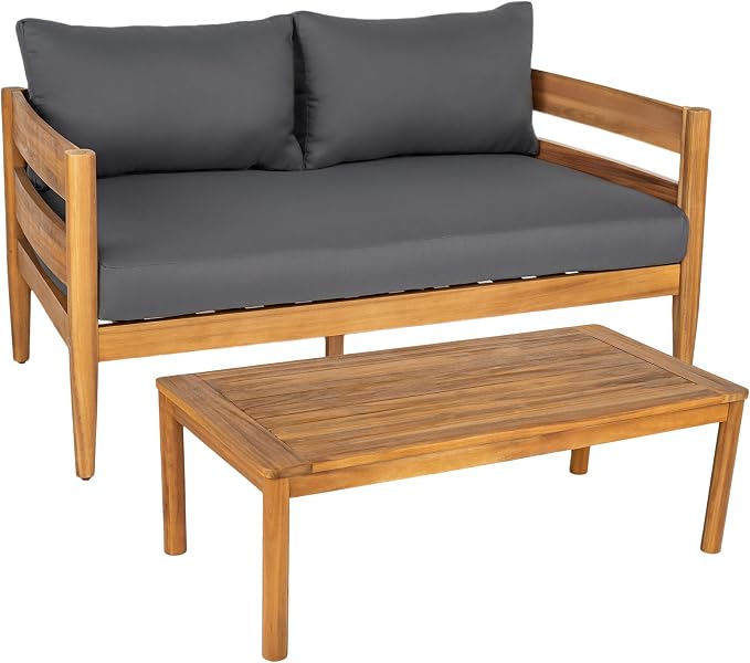 Christopher Knight Home Kayim Patio Loveseat Coffee Table Set with Curved Arm and Backrest, Acacia Wood Conversation Sofa Chat Set, Outdoor Furniture Set for Backyard Deck, Light Teak+Dark Gray