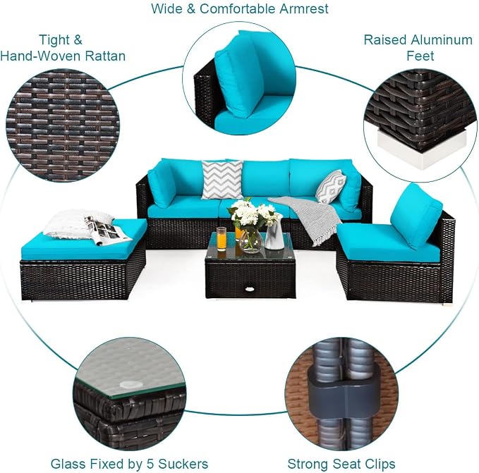 RELAX4LIFE 6-Piece Patio Sofa Set - Outdoor Sectional Sofa Set Wicker Conversation Set w/Table & Removable Cushions, Modular Sofa Set Patio Furniture for Backyard, Poolside, Balcony (Turquoise)