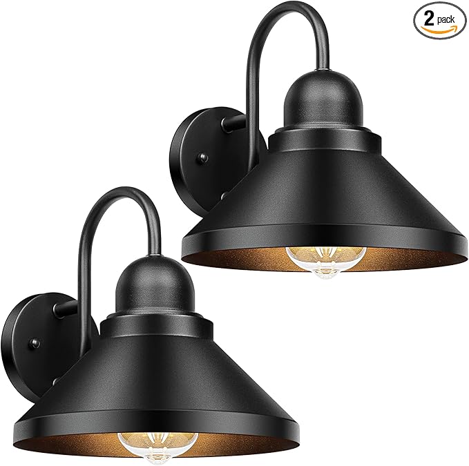 Gooseneck Outdoor Wall Sconces, 2-Pack Large 10.23IN Farmhouse Barn Lights for Porch, Industrial Black Exterior Wall Lights for Garage, Patio, E26 Base Anti-Rust, Bulb not Included