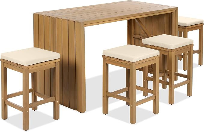 5 Piece Outdoor Bar Set, Patio Acacia Wood Bar Height Table & Four Stools with Cushions, Wood Dining Bar Set for Backyard, Poolside, Balcony