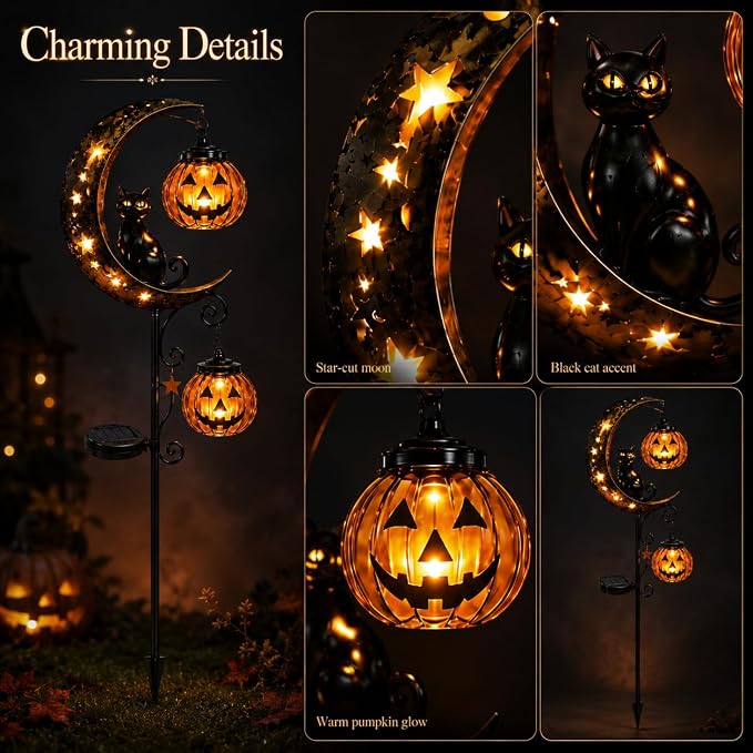 Solar Halloween Black Cat & Pumpkin Moon Garden Stake Light, Outdoor Waterproof LED Yard Decoration with Crescent Moon, Hanging Jack-o'-Lantern Lantern for Garden, Patio, Walkway, Porch (Style C C)