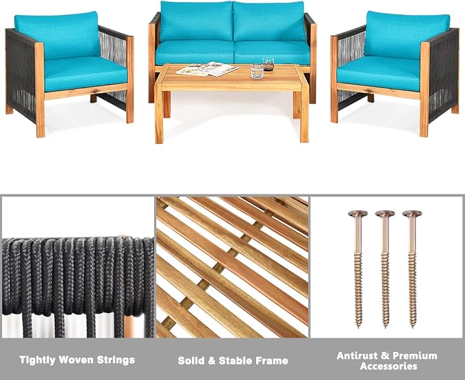 Tangkula Outdoor Wood Furniture Set, Acacia Wood Loveseat Sofa, 2 Single Chairs and Coffee Table, 4 Pieces Conversation Set with Cushions, Garden Balcony Poolside Outdoor Living Set (1, Turquoise)
