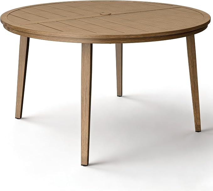 51-Inch Round Outdoor Dining Table, Aluminum Patio Dining Table with Umbrella Hole, Outdoor Round Dining Table for 6, Never-Rust Patio Table for Lawn, Backyard, Deck, and Garden, Teak