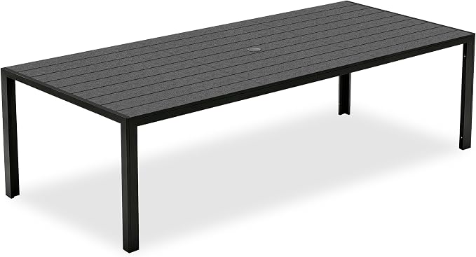 PIZZELLO Patio Dining Table for 8, 83" Rectangular Outdoor Patio Tables with Wood-Like HIPS Slat Top, All Weather Metal Outdoor Dining Table w/Umbrella Hole for Lawn Backyard Garden, Black