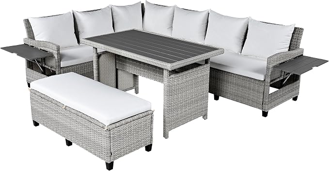 GDFStudio Brava Patio 5-Piece Conversation Set, Outdoor Rattan Sectional Sofa Set with Extendable Side Tables, Dining Table and Bench, L Shaped PE Wicker Furniture Set for Garden, Poolside, White