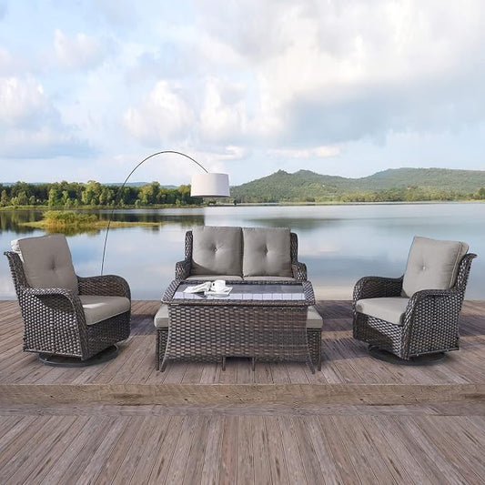 Rilyson 6 Piece Outdoor Patio Furniture Set - Rattan Wicker Patio Conversation Sets with 2 Swivel Rocker Chairs,2 Ottomans,1 Loveseat and 1 Coffee Table for Outside Porch Deck Backyard(Brown/Grey)