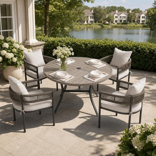 VICLLAX Patio Dining Set, 40.7" Grey Table & 4 Chairs with Wheat Cushion | Outdoor Table and Chairs Set of Round Metal Patio Table, Outdoor Dining Chairs with Metal Frame, Garden Deck Porch