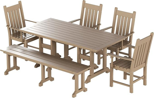WO Home Furniture Adirondack Patio Dining Chair Table Bench Set of 6 PCS Rectangle Dinner Table Dining Arm-Chairs (Weathered Wood)