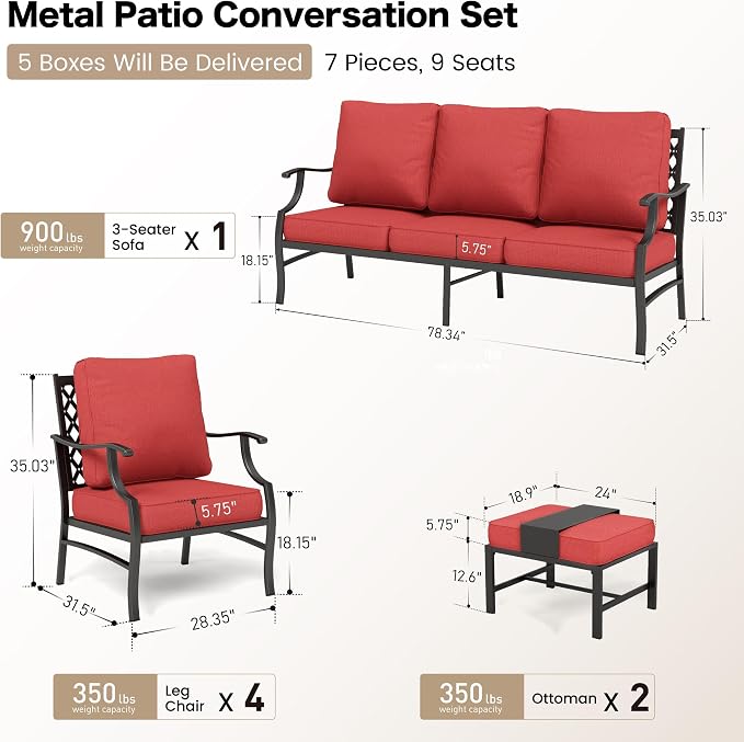 SUNSHINE VALLEY 7 Piece Metal Outdoor Patio Furniture Set, Patio Conversation Sets 1 3-Seater Sofa, 4 Fixed Chair, 2 Ottomans with 5.75" Thick Cushion, Black All-Weather Frame Backyard Furniture, Red