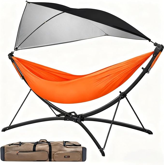 Portable Hammock with Quick Setup Folding Stand & Adjustable Sunshade Canopy & Storage Bag, Adult/Child Hammock Chair, for Camping Home Garden Hotel Outside Beach Forest (Black+Orange)