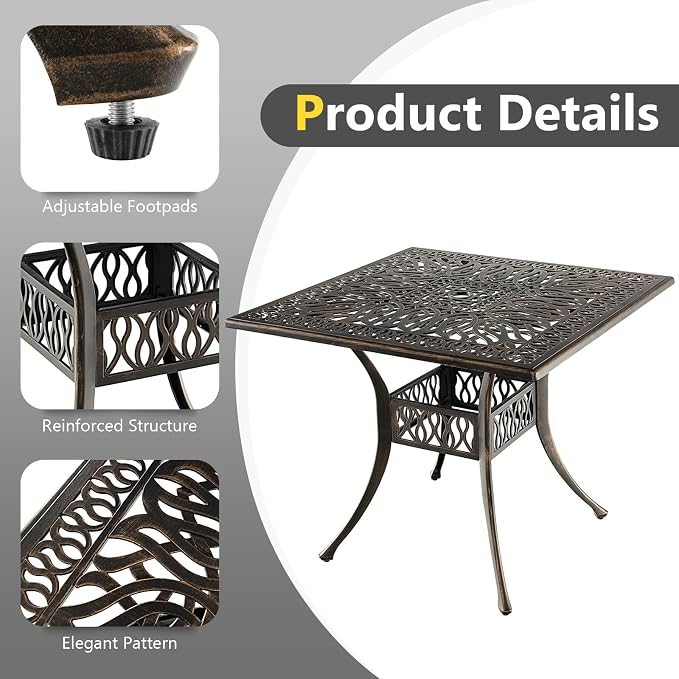 Giantex Patio Dining Table, Cast Aluminum Outdoor Table for 4 Persons, Heavy-Duty Structure, Adjustable Footpads, All-Weather Square Umbrella Table with Hole, 35.4" Lx35.4 Wx29.5 H