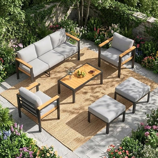 HOMREST Aluminum Outdoor Furniture Set, 6 PCS Metal Oversized Patio Furniture Set with Washable Cushions, 7 Seat Patio Conversation Set with Special Anti-Heat Armrest and Coffee Table, Gray