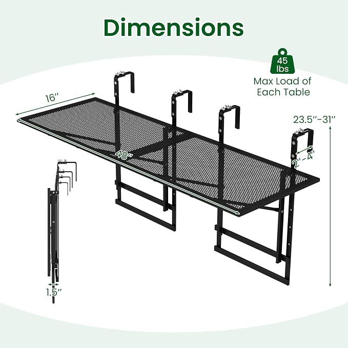 Tangkula Balcony Railing Table, 48" Outdoor Space-Saving Folding Hanging Table with 5-Level Adjustable Height, Metal Frame, Fits Railings Up to 1.5"-3.5" Thick for Patio, Porch, Deck
