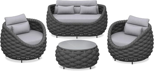 Outdoor 4 PCS Patio Conversation Set, All-Weather Wicker Patio Couch Sofa with Waterproof Thick Cushion Coffee Table for Porch, Balcony Mix Color