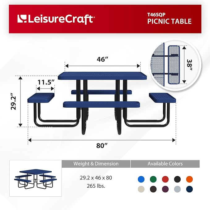 Leisure Craft Metal Picnic Table with Bench - 46" Square Outdoor Dining Table for 8 with Umbrella Hole, Weatherproof Heavy Duty Thermoplastic Coating, Commercial Grade Furniture Made in USA - Navy