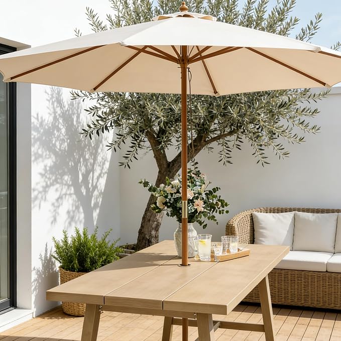 SUNSITT 7 Piece Outdoor Patio Dining Set, Patio Dining Furniture Set with 76” Aluminum Dining Table w/Umbrella Hole and 6 Woven Wicker Outdoor Patio Chairs w/Removable Cushions for Garden, Beige