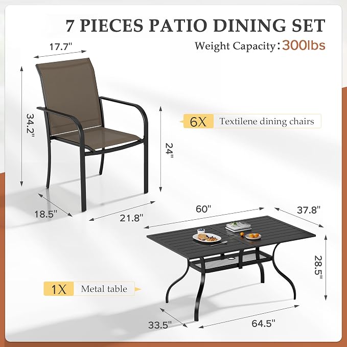 Crownland 7 Piece Patio Dining Set, Outdoor Textilene Dining Sets, 6 Textilene Metal Chairs and Rectangular Outdoor Dining Table with 1.57" Umbrella Hole (Brown)