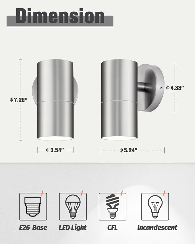 Ken & Ricky Modern Stainless Outdoor Wall Sconce Lights,Brush Nickel，1 PK | Downward Outside Wall Light With Glass Cover,No Glare Exterior Lighting Fixtures,For House Front Porch Garage Patio Entryway