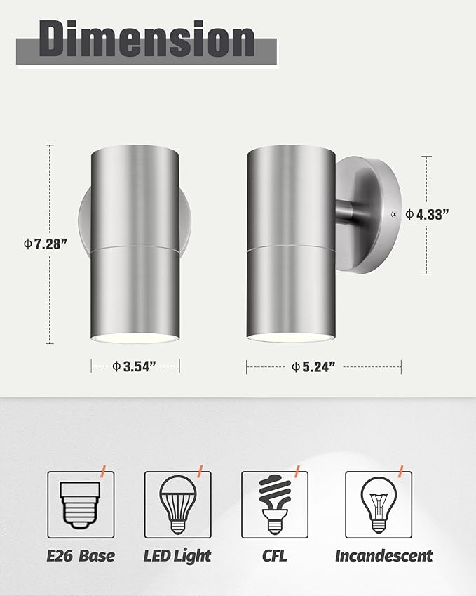 Ken & Ricky Modern Stainless Outdoor Wall Sconce Lights,Brush Nickel，2 PK | Downward Outside Wall Light With Glass Cover,No Glare Exterior Lighting Fixtures,For House Front Porch Garage Patio Entryway