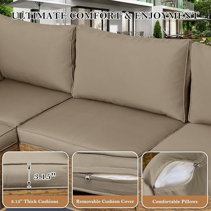 NOBLEMOOD 7 Pieces Patio Furniture Set, All Weather Outdoor Rattan Conversation Sectional Sofa Set with Cushion, Coffee Table for Porch Deck Garden