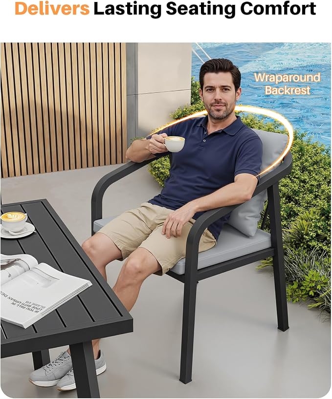 9 Pieces Patio Dining Set, Never-Rust Aluminium Patio Table and Chairs for 8, Outdoor Dining Set with Rectangle Table, Outdoor Dining Chairs with Removable Cushions for Poolside, Garden, Black