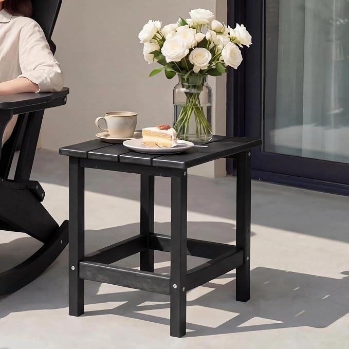 AMILY HDPE Outdoor Side Table, Weather Resistant Patio End Table, Heavy Duty Rectangle Side Table for Garden, Balcony, Poolside, Easy Assembly (Black)