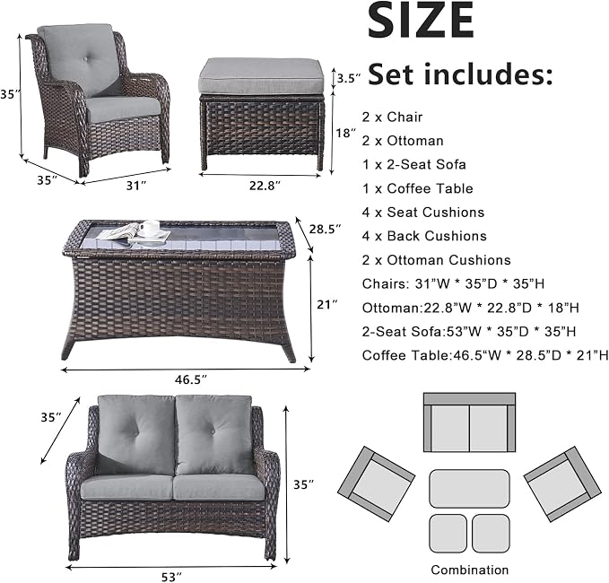 Belord 6 Pieces Patio Furniture Set Outdoor Wicker Furniture, 2 Patio Wicker Chairs with 1 Loveseat Sofa, Coffee Table and Ottomans, Patio Conversation Set for Porch Garden Deck Balcony Poolside