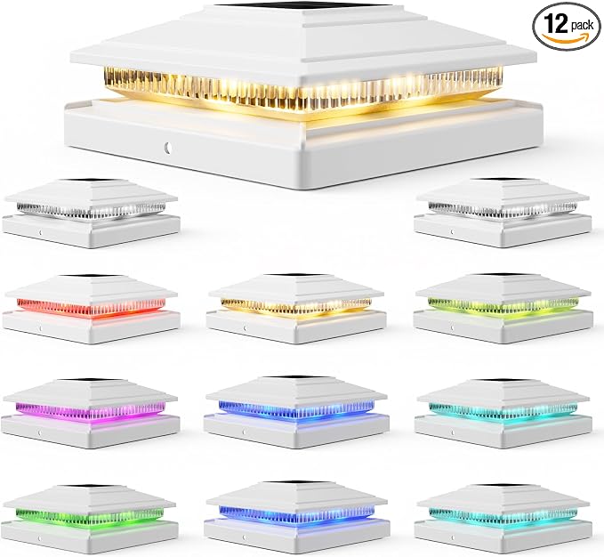 Solar Post Cap Lights Outdoor 12pack, Waterproof Fence Post Solar Lights for 4x4 5x5 6x6 Wood/Vinyl Posts, White Deck Post Lights with 8 Color Modes Decorate Garden Patio Porch Backyard