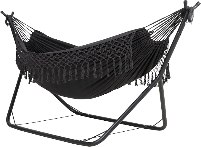ANOW Double Space Saving Hammock with Stand, Dark Gray with Tassels | Height Adjustable, Portable, Heavy-Duty Steel Stand, Indoor Outdoor Use, 475 Lbs Capacity