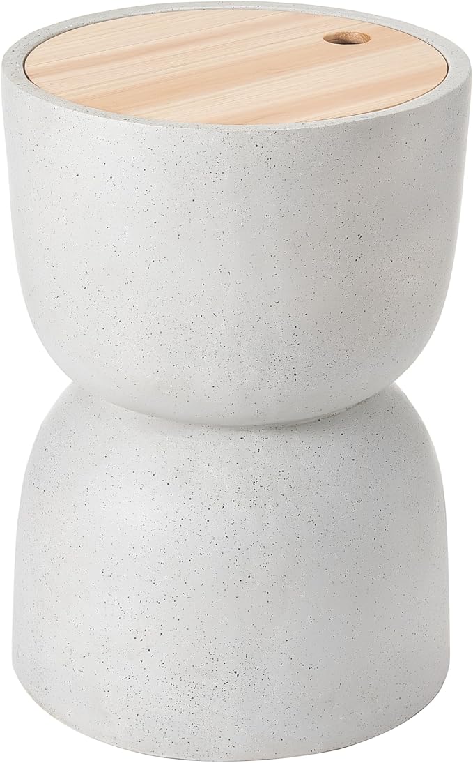 Christopher Knight Home Ema 22"H Lightweight Concrete Outdoor Side Table with Storage, Hourglass Shaped Patio End Table, MGO Outdoor Coffee Table, No Assembly Garden Plant Stand Indoor, White+Natural