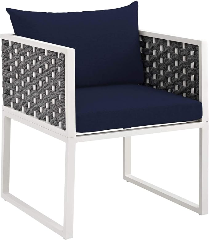 Modway Stance Outdoor Patio Woven Rope Dining Arm Chair in White Navy