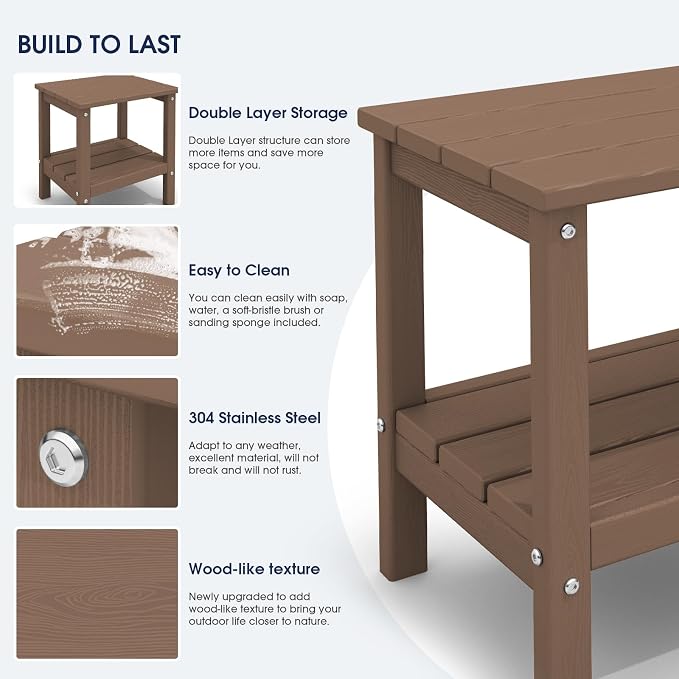 KINGYES Outdoor Side Table Set of 2, Double Layer Adirondack End Table- Brown