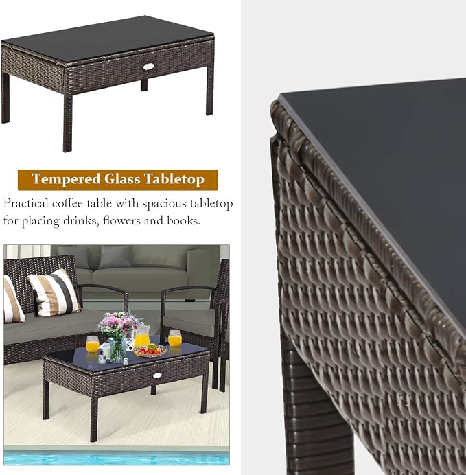 Outdoor Conversation Set 8 Pieces Patio Furniture, Wicker Patio Chair Sofa Set with Water-Resistant Dark-Brown Cushion & Tempered Glass Table for Backyard, Balcony, Porch(Brown)
