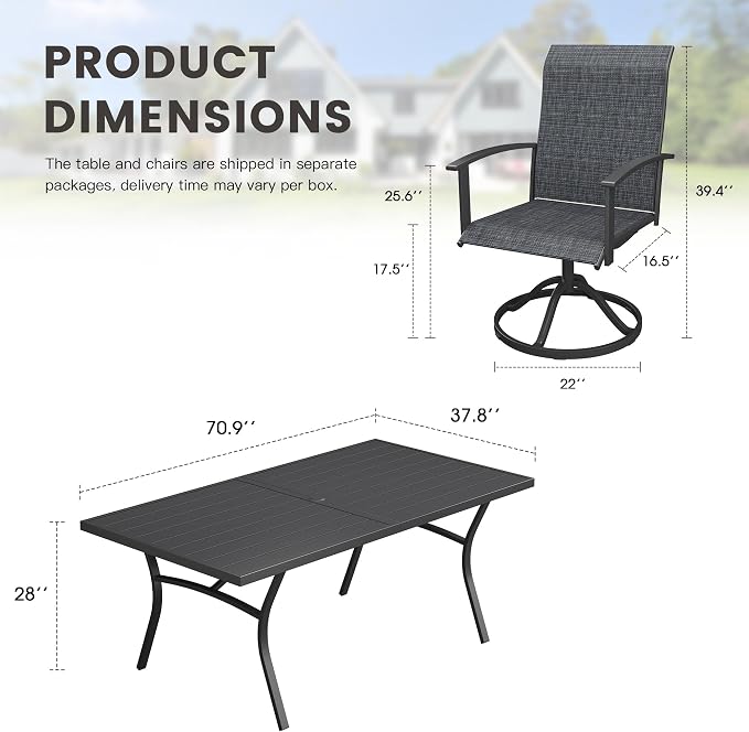 7 Pieces Patio Dining Set, Outdoor Furniture of 70.9" Rectangular Patio Table and Patio Swivel Chairs for Backyard Lawn Garden, Black Table and Black Chairs