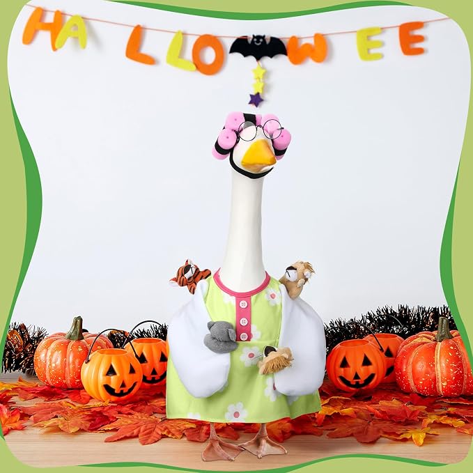 Suzile Funny Lady Porch Goose Outfit for 23'' Cement Goose Curler Wig Costume Glasses with Cute Animals for Holiday Parties Yard Lawn Outdoor Garden Patio Concrete Statue Geese Decoration