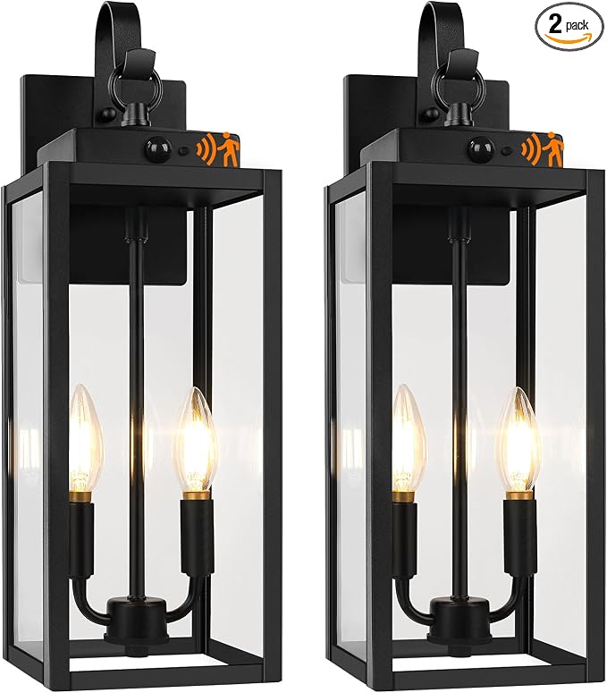 BesLowe 2-Pack 17.5" Upgraded Motion Sensor Outdoor Wall Lights, Black | Auto ON/OFF, 3 Lighting Modes, Waterproof, Rust-Resistant, Durable Metal with Clear Glass, Dual E12 Sockets, Easy to Install