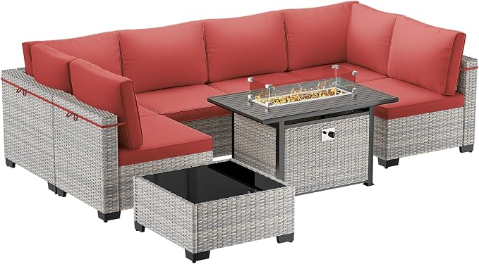 8-Piece Patio Furniture Set, Outdoor Patio Furniture with 55,000 BTU Fire Pit Table, Thick Cushions, Modular Patio Sofa, Dual-Strand Wicker Rattan, Rust-Resistant Frame, Red