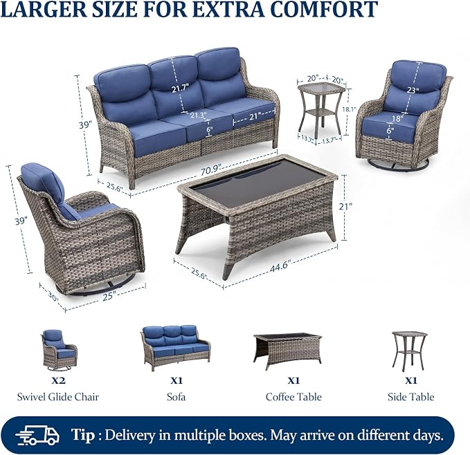 Luxury Swivel Rocker Chairs Sofa Set with 6" Thick Cushion 5 piece Wicker Outdoor Patio Chair with Coffee Table High Back Comfortable Outdoor Patio Furniture Set - Gery | Blue