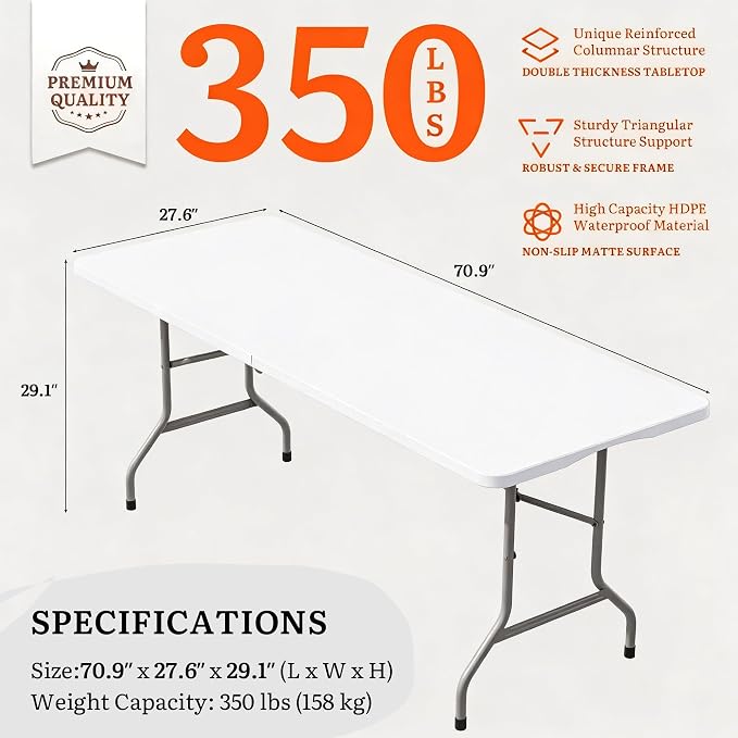 DWVO 6FT Folding Table, Heavy Duty Folding Tables with Carrying Handle, HDPE Fold up Table for Outdoor Camping Picnic Parties, Indoor Events, White