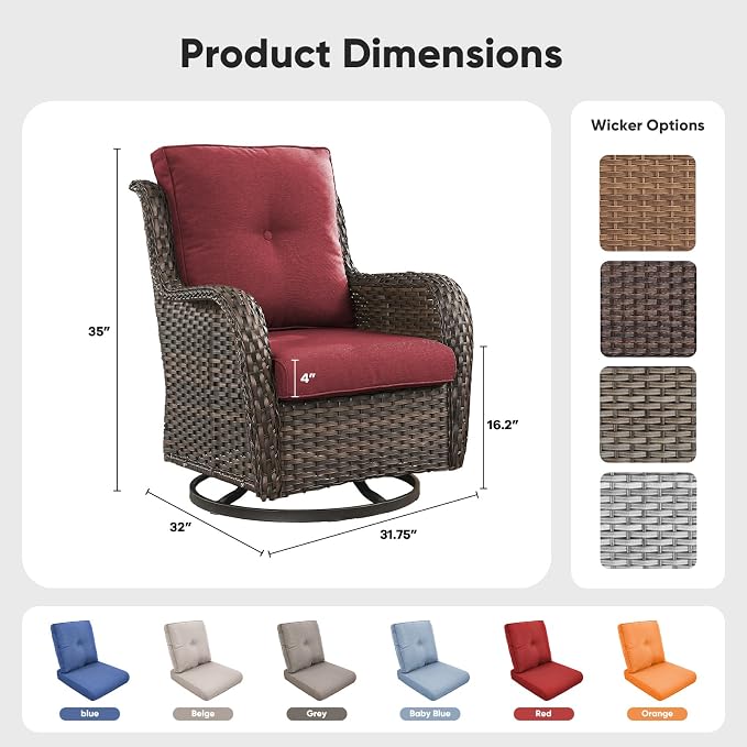 Belord Outdoor Swivel Chairs Set of 2,Patio Wicker Rocker Chairs,All Weather Patio Conversation Furniture Set, Ideal for Porch Balcony Deck Yard, Brown Wicker/Red