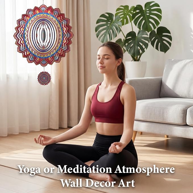 Mandala Wind Spinner, 12 Inch Stainless Steel Wind Spinners Outdoor, 3D Kinetic Laser Cut Hanging Sculpture, Metal Yard Art Decoration, Indoor/Outdoor Decor Gifts for Women, Men, Holidays