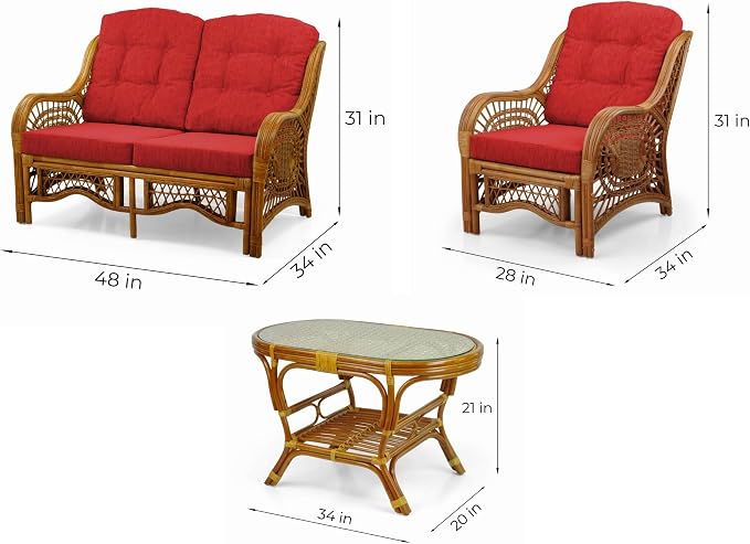 Malibu Lounge Set of 4: 2 Natural Rattan Wicker Chairs, Three-Seater Sofa with Cushions and Coffee Table with Glass Handmade, Colonial Color